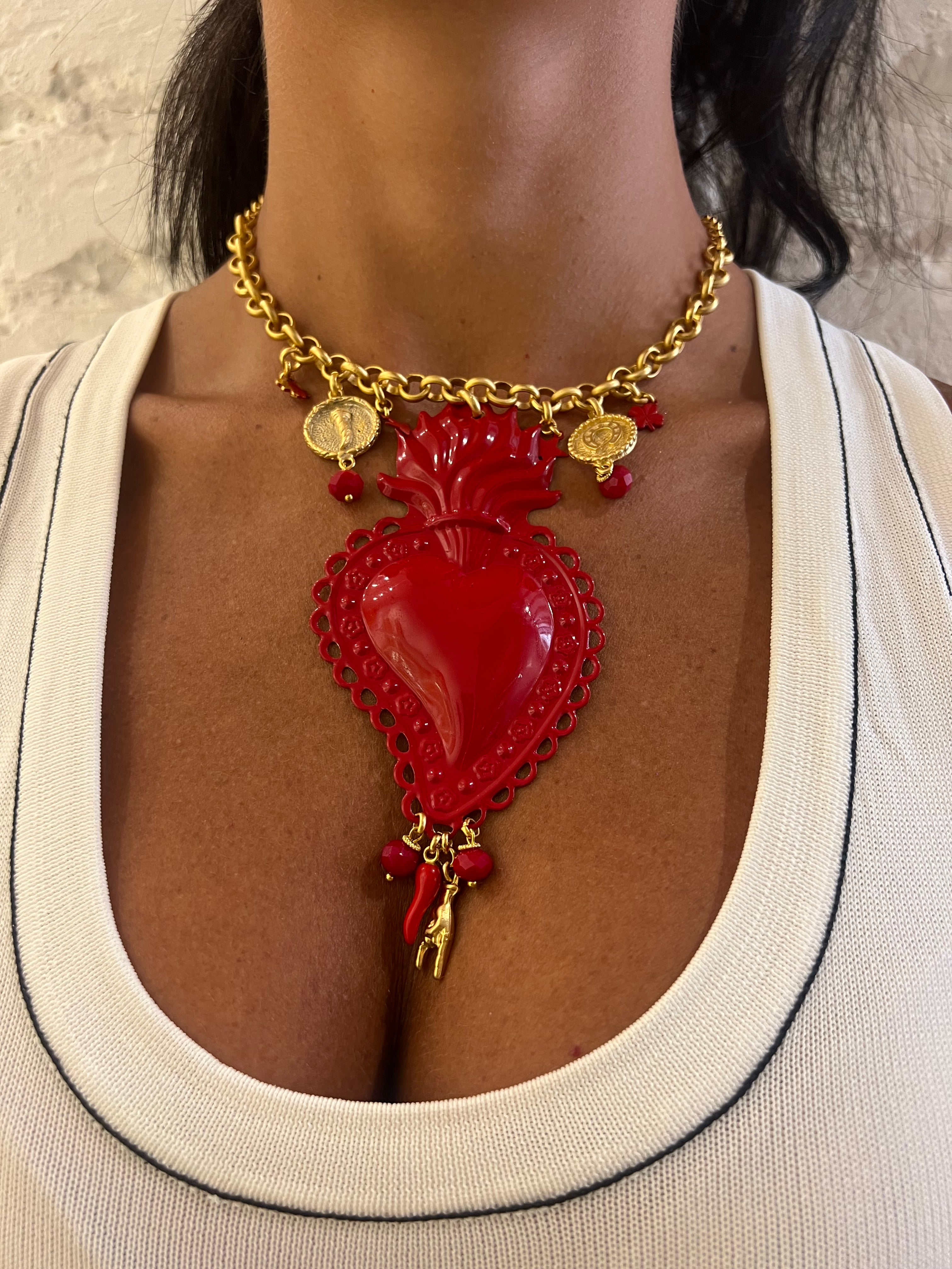 Collana Donna Con Ciondolo A Cuore Rosso – Regolabile 40-50 Cm, Ipoallergenica, Acciaio Al Titanio Placcato Oro