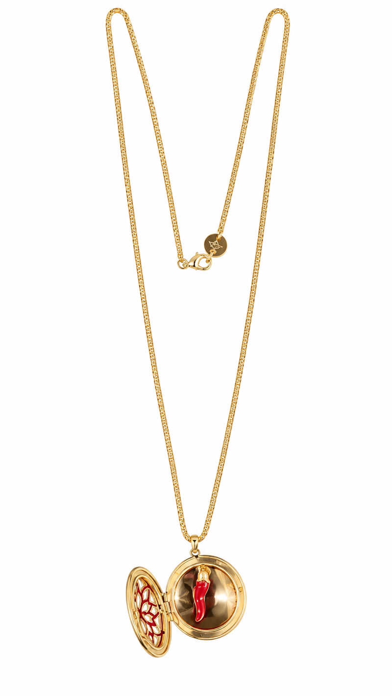collana portafortuna con medaglione apribile e corno