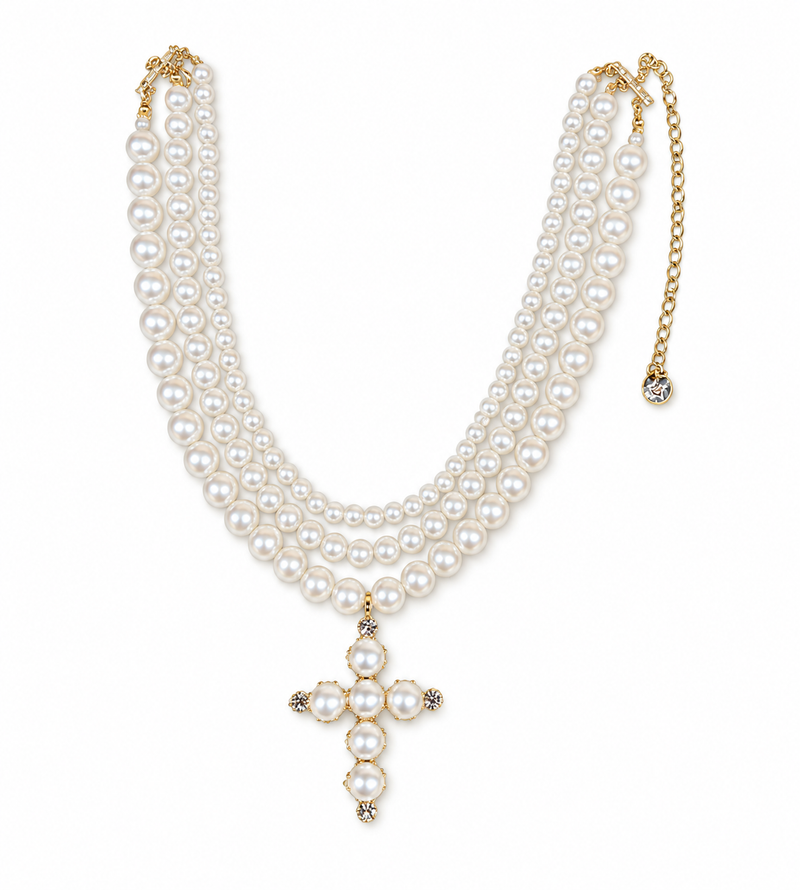 COLLANA MULTIFILO CON CROCE PERLA PENDENTE
