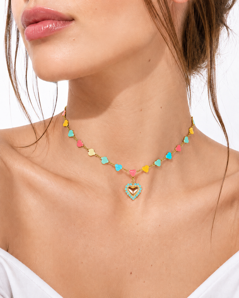 Collana Cuoricini smaltati con Pendente Cuore Turchese
