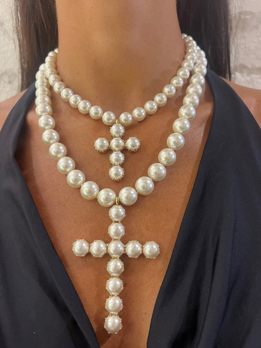 Collana filo perle e croce large - Alessandra Avallone