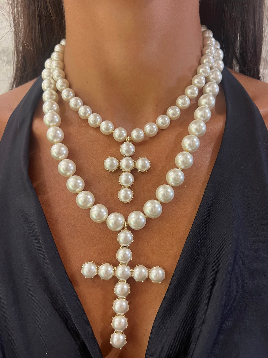 Collana filo perle e croce large - Alessandra Avallone