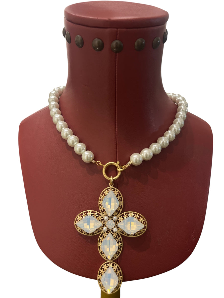 Collana girocollo perle e croce rombi