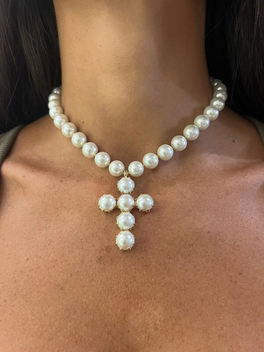 Collana filo perle e croce small