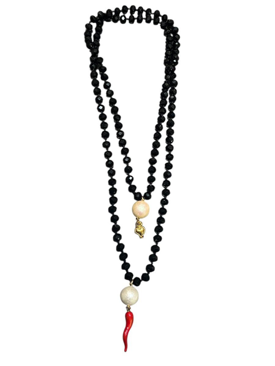 Collana lunga cristalli neri e perle