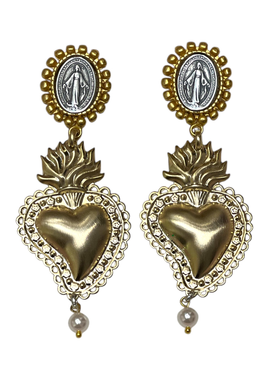 Orecchini Cuore Sacro con Madonnina e perla