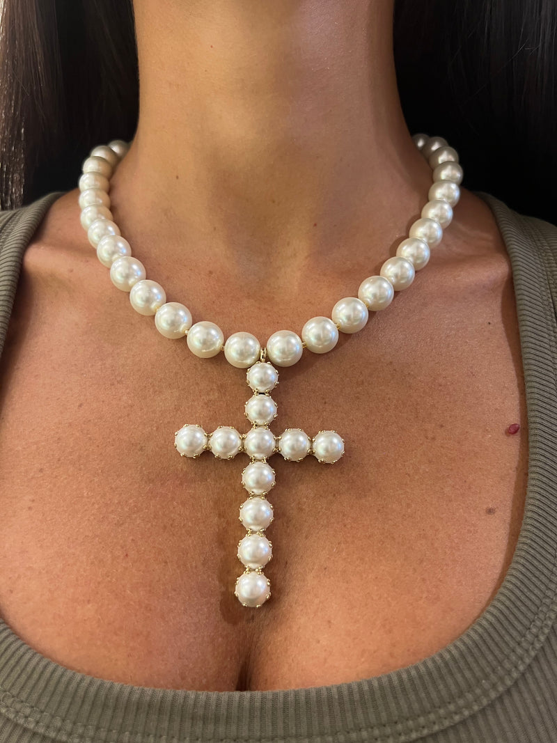 Collana filo perle e croce large
