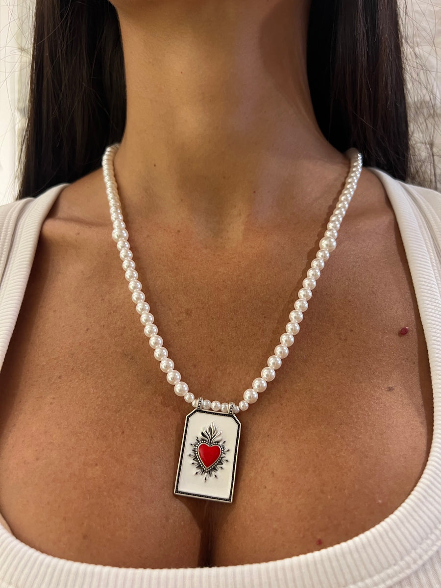 Collana Perle con Medaglia Cuore Sacro
