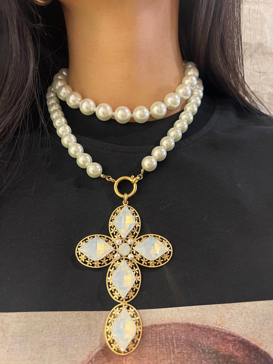 Collana girocollo perle e croce rombi