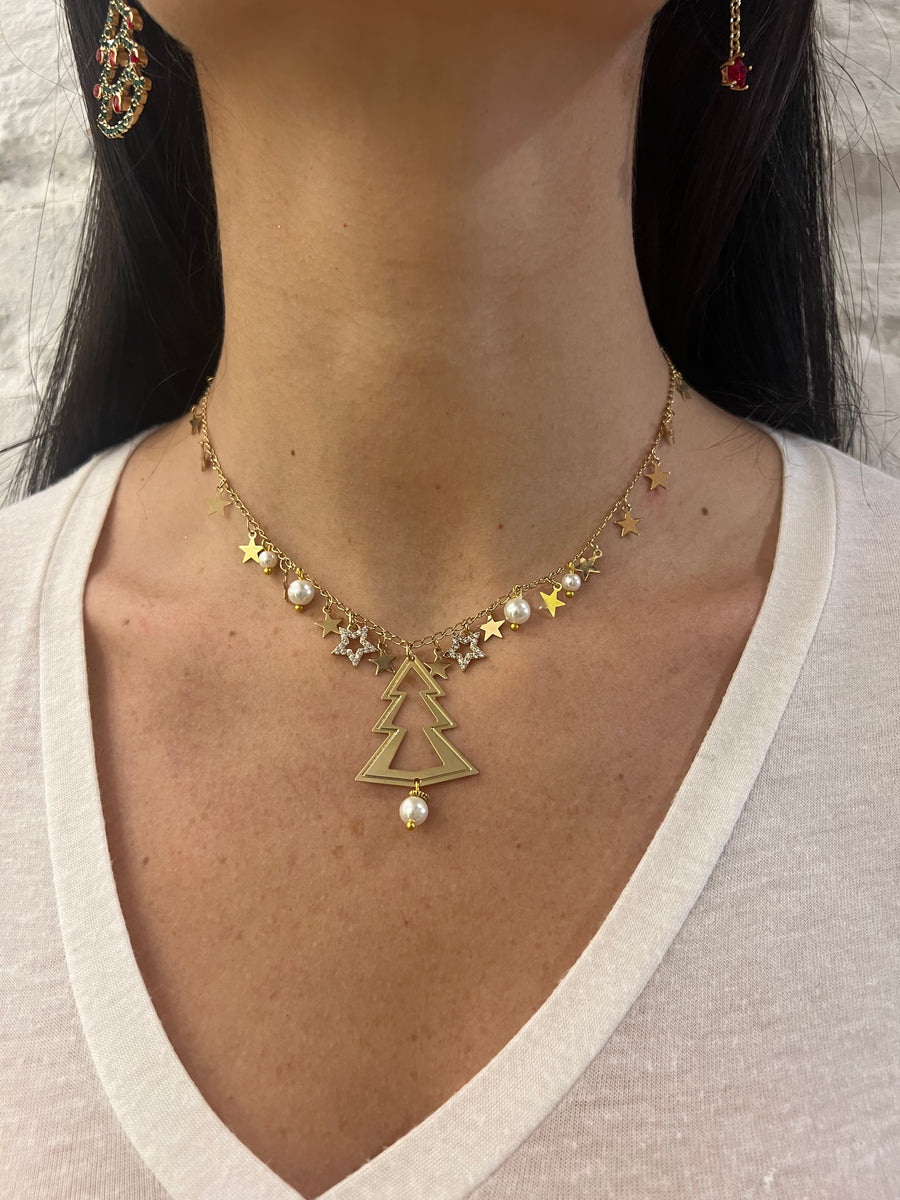 Collana natalizia con ciondoli stelle e albero di Natale in metallo dorato e perle decorative