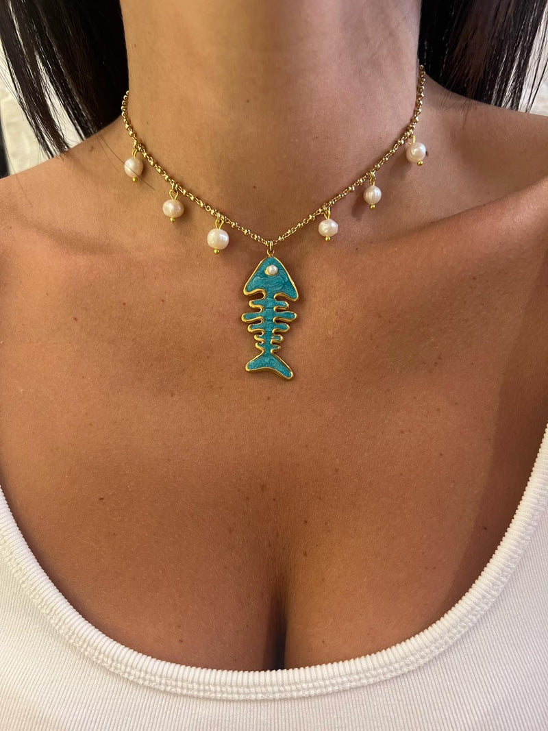 Collana lisca di pesce con perle naturali
