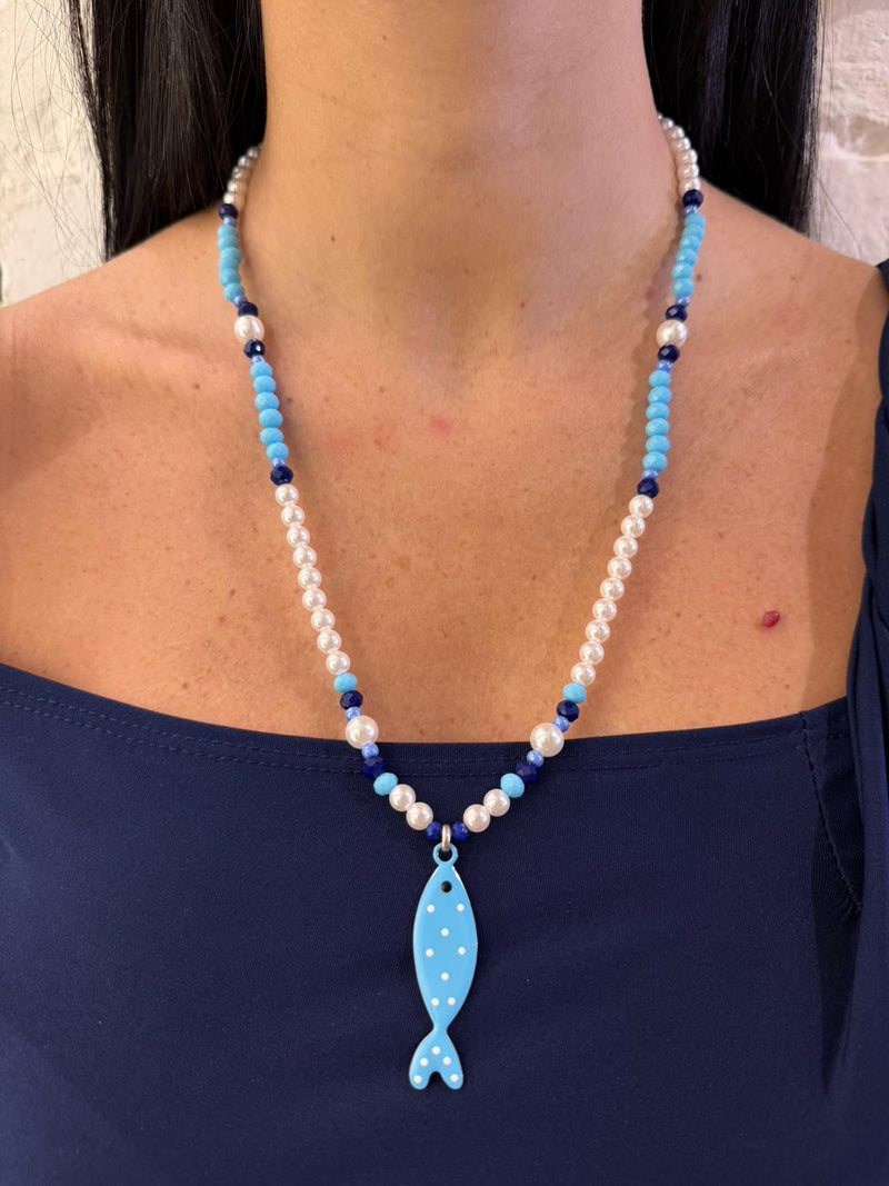 Collana Perle e pesciolino azzurro