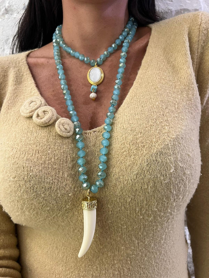 Collana lunga cristalli azzurri con doppio pendente