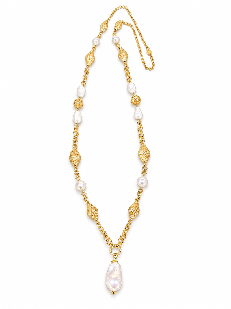 Collana  dorata lunga con perle barocche