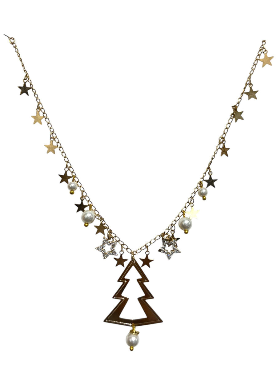 Collana natalizia con ciondoli stelle e albero di Natale in metallo dorato e perle decorative